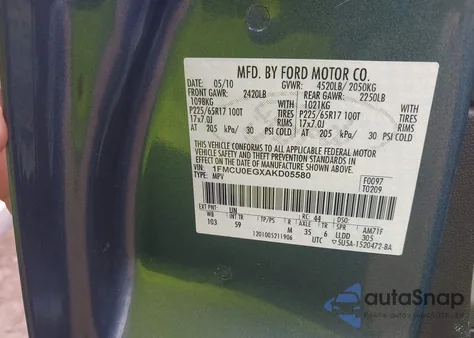 2010 Ford Escape Limited из США, поврежденный, VIN 1FMCU0EGXAKD05580